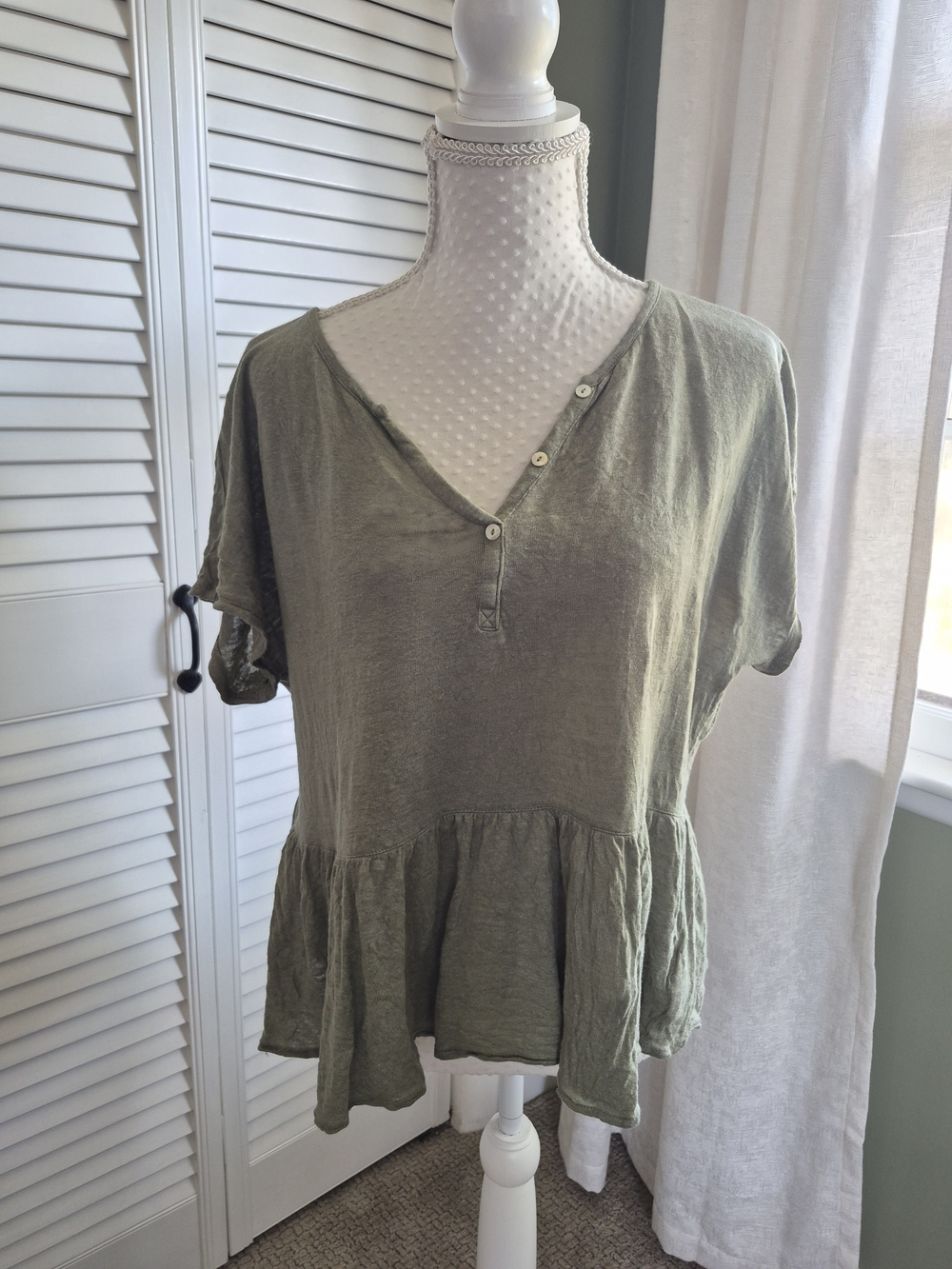 Cynthia Rowley Olive Green Short-Sleeve Peplum Linen Top
